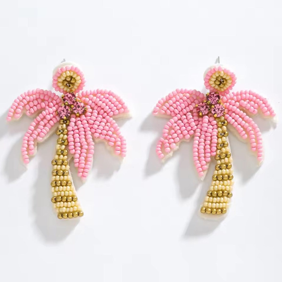 Sunset Pink Palm Tree Earrings – Beaded Statement Holiday